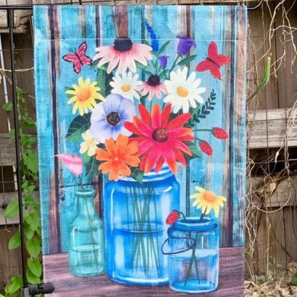 12x18 Vibrant Farmhouse Flowers Floral Arrangement Glass Jar Vase Garden Flag